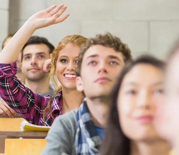 Student in a class with their hand raised